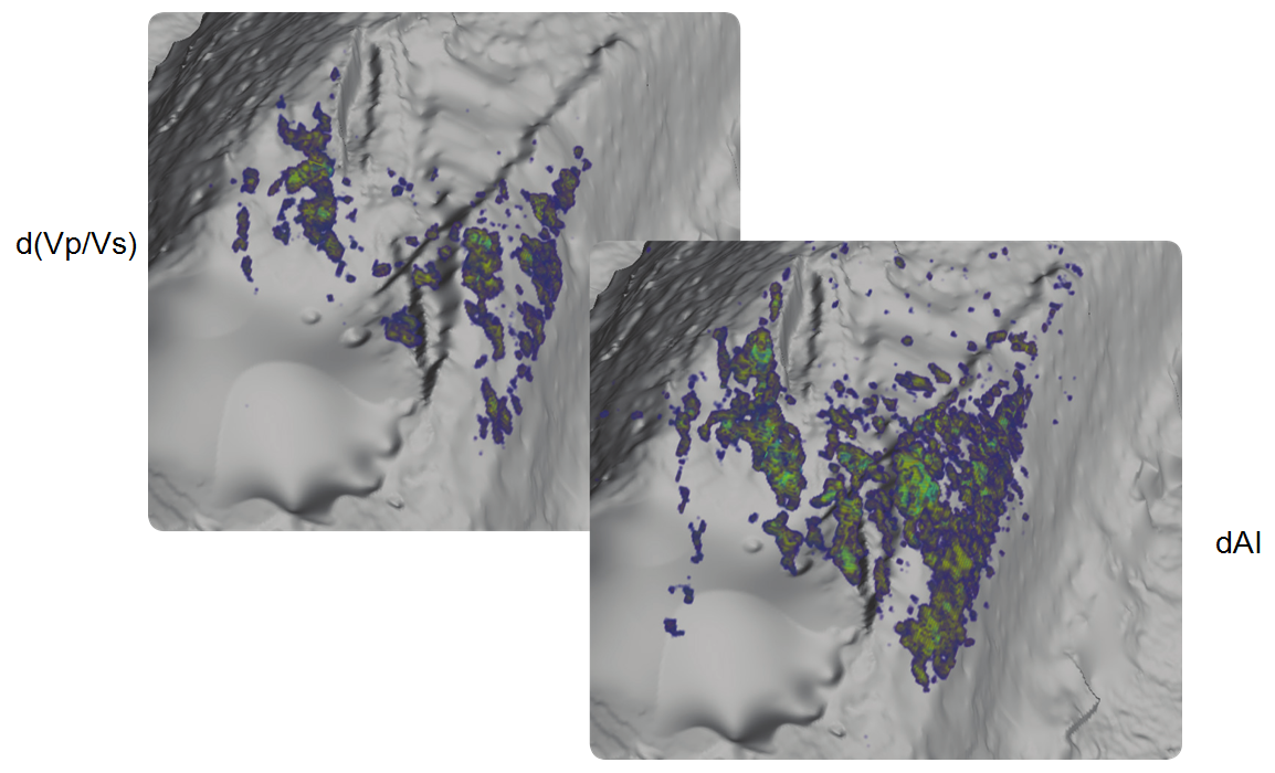 Figure 5: Map view of changes in elastic properties as a result of production at the reservoir interval.